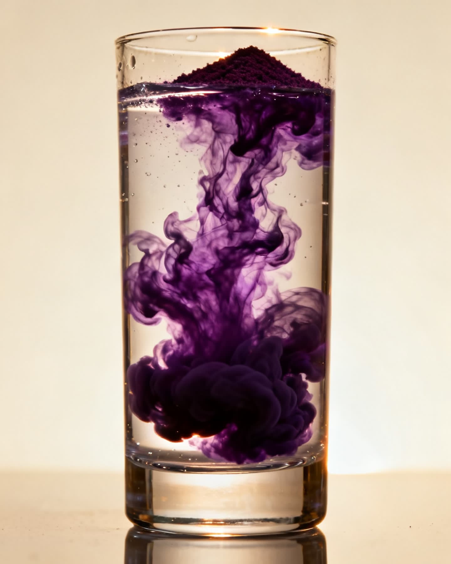 Wild huckleberry powder blooming in a glass of cold water