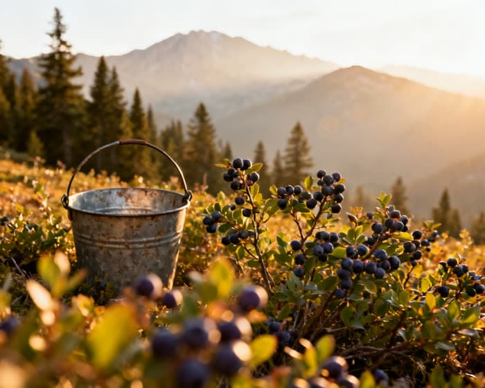 A tin picking bucket in a sunlit Montana huckleberry patch below hazy peaks