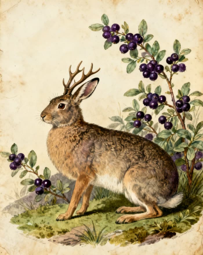 Engraved natural-history plate of the Huckalope, an antlered hare among huckleberry branches