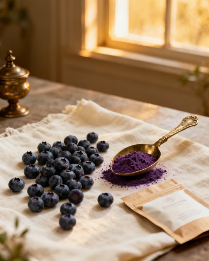 Wild huckleberries and a brass scoop of freeze-dried huckleberry powder on cream linen